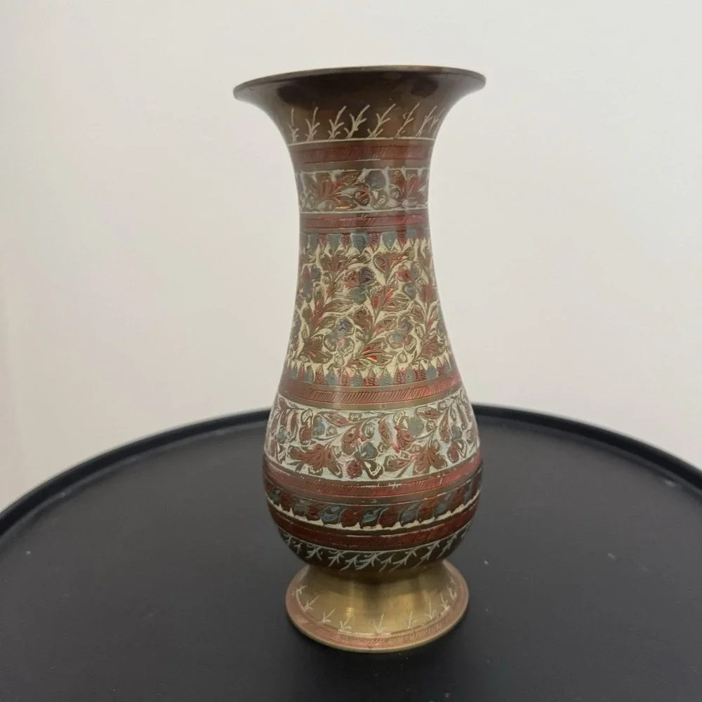 Vintage Indian Etched Brass Vase‎ Blue Red Enamel Floral Mughal Boho Decor